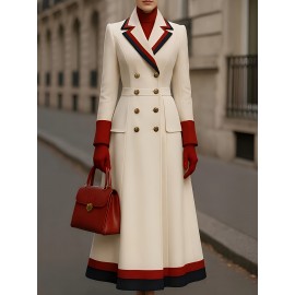 Fashion Trendy Color Blocked French Style Metal Double-Breasted Longline Peacoat