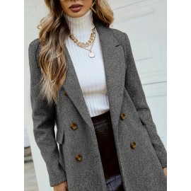 Women'S Chic Tweed Coat with Large Buttons - Long Winter Coat, Button-Up Front, Flap Pockets, and Belted Waist, Perfect for Fall and Winter, Winter Outerwear | Belted Waist Coat | Structured Design