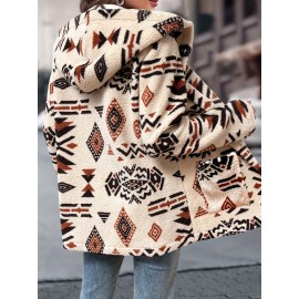 Women's Aztec Geometric Print Hooded Fleece Coat - Mid-Length Casual Winter Jacket with Front Pockets, Machine Washable & Single-Button Closure for Autumn/Winter Outings, Autumn Fashion, Ethnic Pattern Design, Durable Warmth