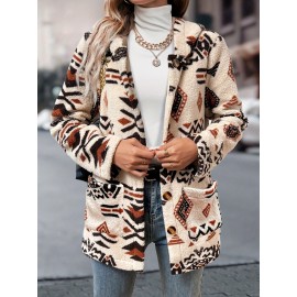 Women's Aztec Geometric Print Hooded Fleece Coat - Mid-Length Casual Winter Jacket with Front Pockets, Machine Washable & Single-Button Closure for Autumn/Winter Outings, Autumn Fashion, Ethnic Pattern Design, Durable Warmth