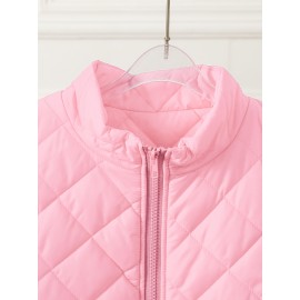 Women's Sleeveless Vest with Zipper Closure - Vibrant Pink Winter Warmth, Stand Collar & Pocket Design, Casual Elegant Solid Color Non-Stretch Fabric for Fall Winter Outdoor Beach Outings, Machine Washable Layering Piece (No Belt, Standard Length)