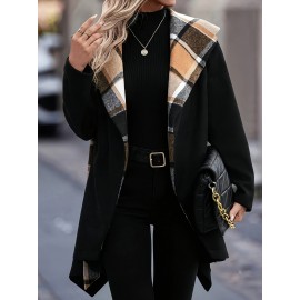 Women'S Elegant Mid-Length Winter Coat with High Neck and Plaid Patchwork Design - Warm, Lightweight, and Stylish for Office or Holiday Season, Warm Weather Jacket | Plaid Pattern Coat | Structured Coat