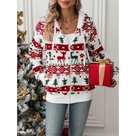 [Christmas Hooded Jacket] Christmas Plush-Lined Hooded Jacket | Festive Reindeer & Snowflake Design, Stretchy Polyester Blend, Machine Washable Winter Coat for Holiday Parties & Casual Outfits