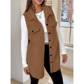 Women'S Elegant Sleeveless Flat Collar Button Front Jacket with Faux Pockets - Cozy Brown Plaid Pattern, Long Length, Perfect for Fall/Winter Casual Wear, Winter Clothes
