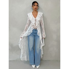 Spring-Summer Romantic Vacation Elegant Sheer Lace Trim Women's Long Thin Coat, Lightweight Coverup, Spring Fashion, Sheer Design, Delicate Detailing, Lace Overlay, Fine Stitching, Stylish Outerwear, Thin Jacket, Trendy Ladies, Summer Wardrobe