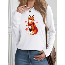 Women's Casual Long Sleeve T-Shirt with Fox & Maple Leaf Geometric Print - Vibrant Orange & Red on Grey, Round Neck, Machine Washable, Spring/Summer Vacation & Casual Attire, Versatile Streetwear, Spring Summer Apparel, Comfortable Fabric