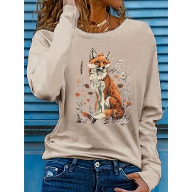 Women's Fox & Floral Graphic Print Long Sleeve T-Shirt - Soft Stretch Crew Neck Casual Top for Spring & Fall, Machine Washable Regular Fit, Medium Elasticity Shirt