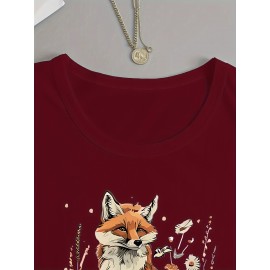 Women's Fox & Floral Graphic Print Long Sleeve T-Shirt - Soft Stretch Crew Neck Casual Top for Spring & Fall, Machine Washable Regular Fit, Medium Elasticity Shirt