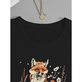 Women's Fox & Floral Graphic Print Long Sleeve T-Shirt - Soft Stretch Crew Neck Casual Top for Spring & Fall, Machine Washable Regular Fit, Medium Elasticity Shirt