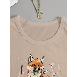 Women's Fox & Floral Graphic Print Long Sleeve T-Shirt - Soft Stretch Crew Neck Casual Top for Spring & Fall, Machine Washable Regular Fit, Medium Elasticity Shirt