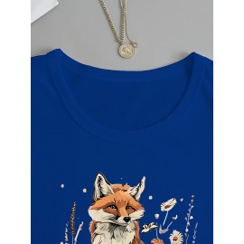 Women's Fox & Floral Graphic Print Long Sleeve T-Shirt - Soft Stretch Crew Neck Casual Top for Spring & Fall, Machine Washable Regular Fit, Medium Elasticity Shirt