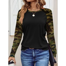 [Everyday Comfort] Women'S Camo Long Sleeve T-Shirt - Casual Crew Neck, Stretchy Fabric, Regular Fit with Asymmetrical Hem, Perfect for Spring & Fall, Ladies T Shirts