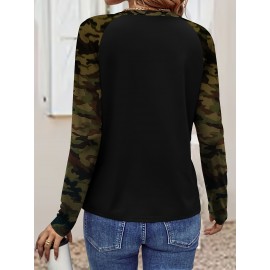 [Everyday Comfort] Women'S Camo Long Sleeve T-Shirt - Casual Crew Neck, Stretchy Fabric, Regular Fit with Asymmetrical Hem, Perfect for Spring & Fall, Ladies T Shirts
