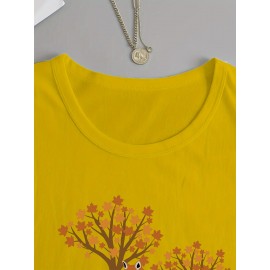 Women's Casual Long Sleeve Crew Neck T-Shirt - Fox & Autumn Leaves Graphic Print, Black with Orange Design, Medium Stretch, Machine Washable, All-Season Comfort Top, Naturethemed Apparel, Nontransparent Fabric