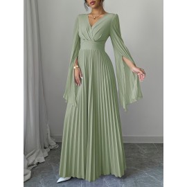 Women's Elegant Long-Sleeve V-Neck Pleated Maxi Dress with Slit for Spring/Summer