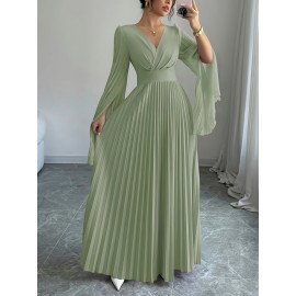 Women's Elegant Long-Sleeve V-Neck Pleated Maxi Dress with Slit for Spring/Summer