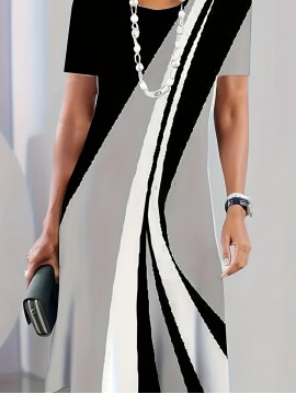 Women's Casual 3D Digital Print Striped A-Line Dress - Long Sleeve Round Neck Loose Fit with Contrast Stripes, Breathable Machine-Washable Spring/Summer Dress for Casual & Semi-Formal Occasions, Summer Fashion, Medium Elasticity Fabric