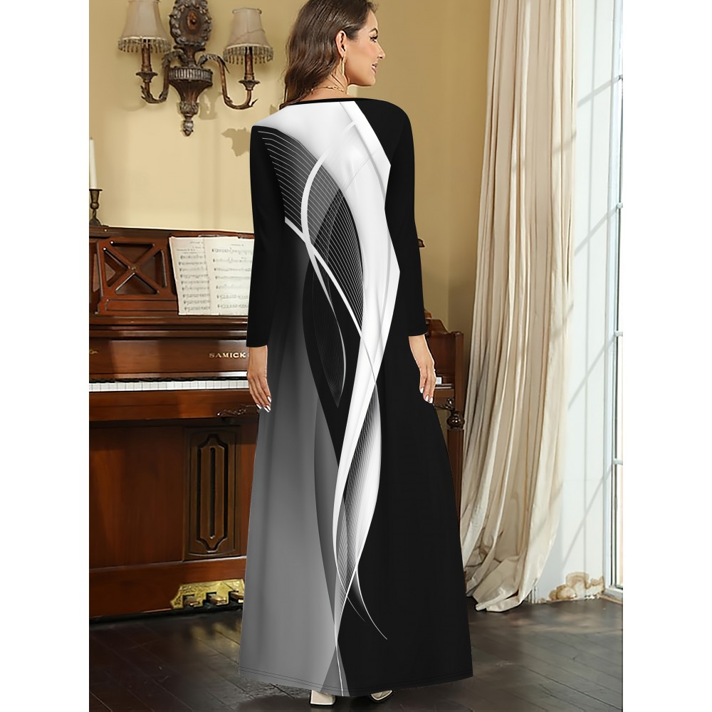 Elegant Women'S V-Neck Long Sleeve Dress with Artistic Ellipse Print - Black & Gray Polyester, Flowy A-Line Cut, Perfect for Fall/Winter Fashion, Stylish Outfit | Flowy A-Line Dress | Polyester Fabric