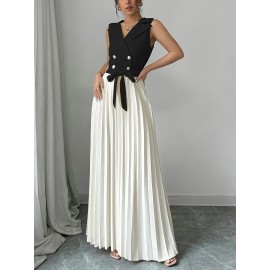 Women'S Elegant Double-Breasted Ruched Sleeveless Dress - Black and White Color Block, Polyester, A-Line Silhouette, Perfect for Spring/Summer Commute and Casual Attire, Casual Attire|Ruched Texture|Polyester Dres