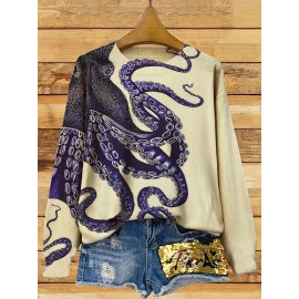 Women's Sweater - Long Sleeve Pullover Sweater with Navy Blue Octopus Tentacle Print, Elegant Casual Chic Sweater for Everyday Formal Outfits, Versatile Clothing, Unique Design, Soft Texture, Printed Top, Trend Followers