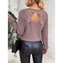 Women'S Elegant V-Neck Long Sleeve Sweater - Backless Design with Lace-like Back Panel, Soft Brown Round Neck Pullover for Spring/Fall, Casual & Formal Outfits