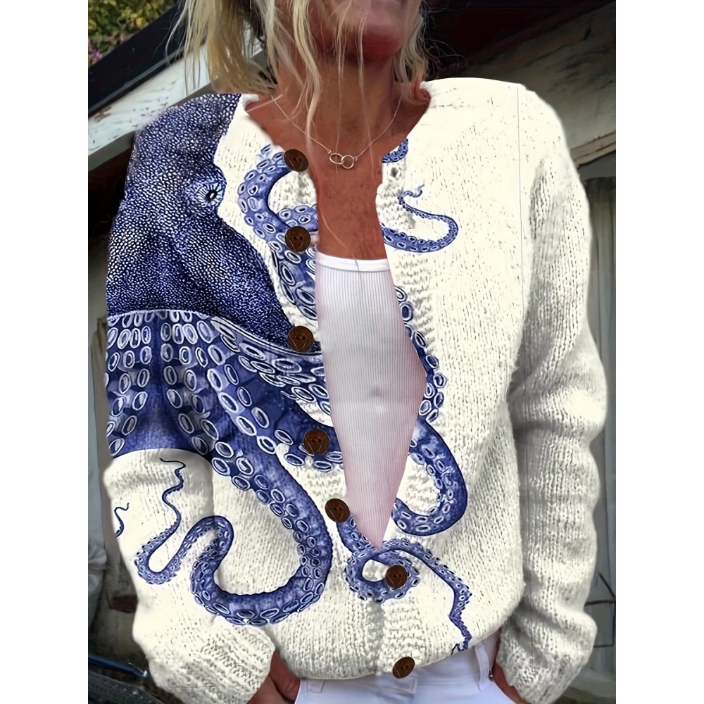 Women's 3D Printed Octopus Cardigan - Fashion All-Over Blue & White Tentacle Design, Button Front Round Neck Sweater for All-Season Wear, Casual Wear, Stylish Outerwear, Bold Pattern, Textured, Comfortable Fit