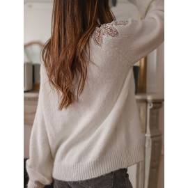 Women's Casual Chic Lace-Trimmed Long Sleeve Sweater with Bow Detail at Back - Soft Round Neck Pullover, Medium Stretch Autumn Winter Top for Casual Attire, Cute Sweaters