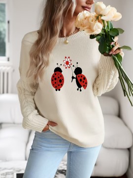 Women'S Cozy Beige Sweater with Adorable Ladybug Print - Long Sleeve, Crew Neck, Loose Fit, Perfect for Fall & Winter, Casual Style, Casual Winter Wear | Playful Print Top | Construction, Sweater Dress
