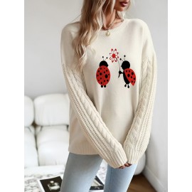 Women'S Cozy Beige Sweater with Adorable Ladybug Print - Long Sleeve, Crew Neck, Loose Fit, Perfect for Fall & Winter, Casual Style, Casual Winter Wear | Playful Print Top | Construction, Sweater Dress