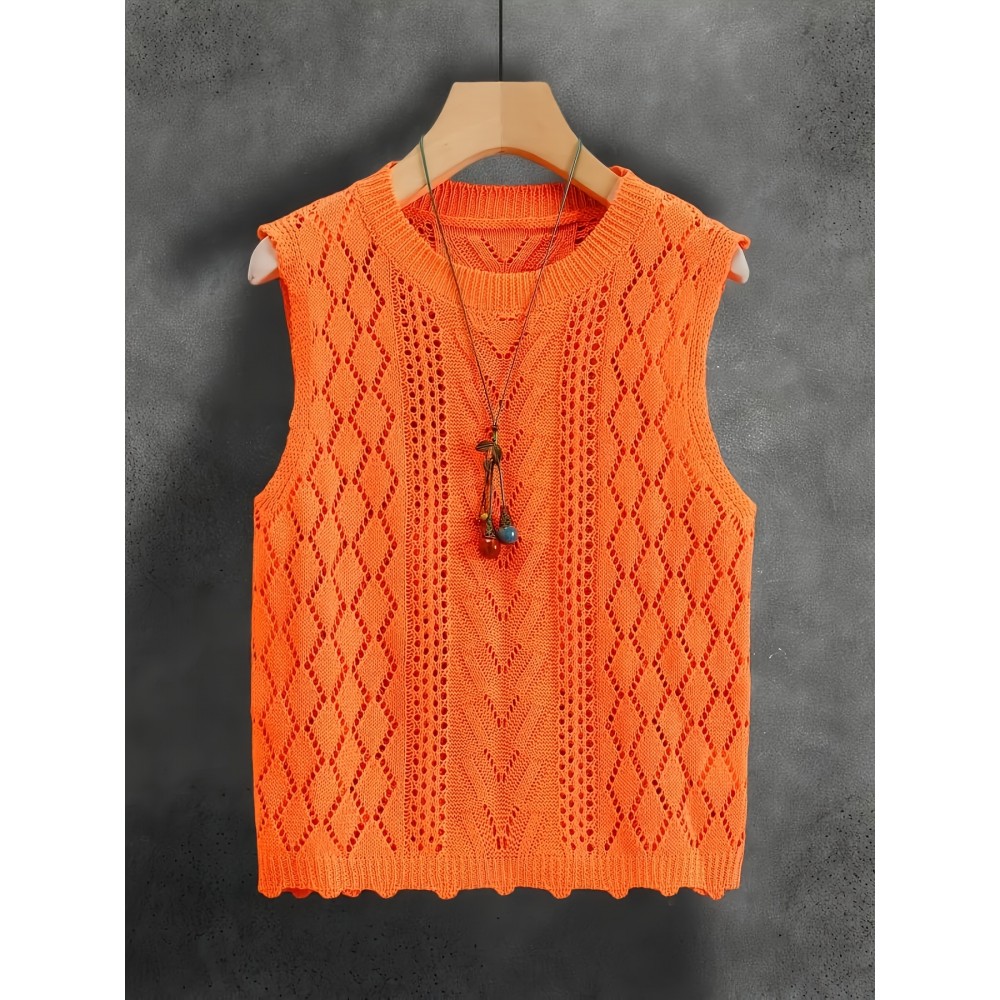Women's Sleeveless Geometric Cut-Out Vest - Bright Orange Elegant Casual H-Line Regular Fit, All-Season Versatile Layering Piece for Casual Attire, Openwork Pattern, Lightweight Fashion, Summer Wardrobe, Delicate Detailing, Stylish Women