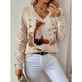 [Elegant Bohemian Top] Bohemian Elegant V-Neck Long Sleeve Top for Women | Animal Print, All-Season Versatile Pullover Sweater - Ideal for Office, Streetwear, Home, and Travel