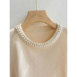 Women'S Elegant Beaded Sleeveless Vest - Solid Color Crew Neck Pullover for Spring/Summer/Fall, Chic Layering Piece with Pearl Embellishments