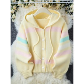 [Cute Sweater] Cozy White Hooded Cardigan Sweater | Women's Casual Pullover with Pastel Rainbow Stripes, Button Front Placket & Pom-Pom Detail, Medium Elasticity, Relaxed Fit, Comfortable Texture, Stylish, Fall Winter Layering Piece