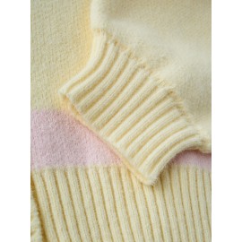 [Cute Sweater] Cozy White Hooded Cardigan Sweater | Women's Casual Pullover with Pastel Rainbow Stripes, Button Front Placket & Pom-Pom Detail, Medium Elasticity, Relaxed Fit, Comfortable Texture, Stylish, Fall Winter Layering Piece