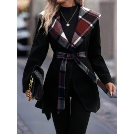 Women'S Elegant Mid-Length Winter Coat with High Neck and Plaid Patchwork Design - Warm, Lightweight, and Stylish for Office or Holiday Season, Warm Weather Jacket | Plaid Pattern Coat | Structured Coat