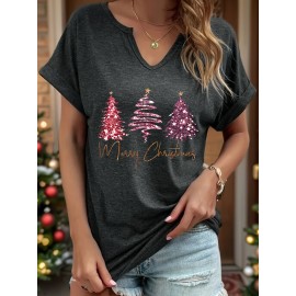 [Festive Christmas Tree Print Tee ] Women'S Christmas Tree Print T-Shirt, Polyester Blend, V-Neck, Short Sleeve, Knit Fabric, Casual Pullover with Slight Stretch, for Festive Holiday Top