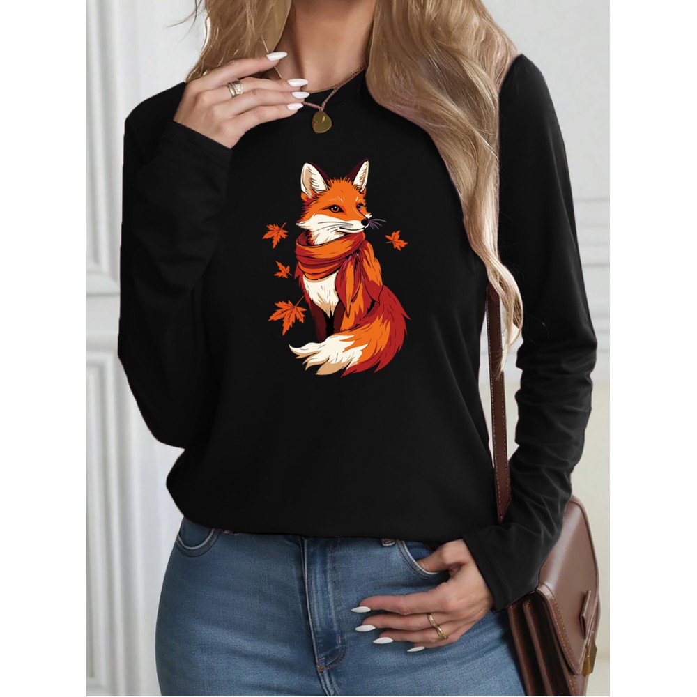 Women's Casual Long Sleeve T-Shirt with Fox & Maple Leaf Geometric Print - Vibrant Orange & Red on Grey, Round Neck, Machine Washable, Spring/Summer Vacation & Casual Attire, Versatile Streetwear, Spring Summer Apparel, Comfortable Fabric