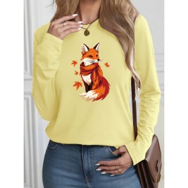 Women's Casual Long Sleeve T-Shirt with Fox & Maple Leaf Geometric Print - Vibrant Orange & Red on Grey, Round Neck, Machine Washable, Spring/Summer Vacation & Casual Attire, Versatile Streetwear, Spring Summer Apparel, Comfortable Fabric