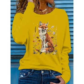 Women's Fox & Floral Graphic Print Long Sleeve T-Shirt - Soft Stretch Crew Neck Casual Top for Spring & Fall, Machine Washable Regular Fit, Medium Elasticity Shirt