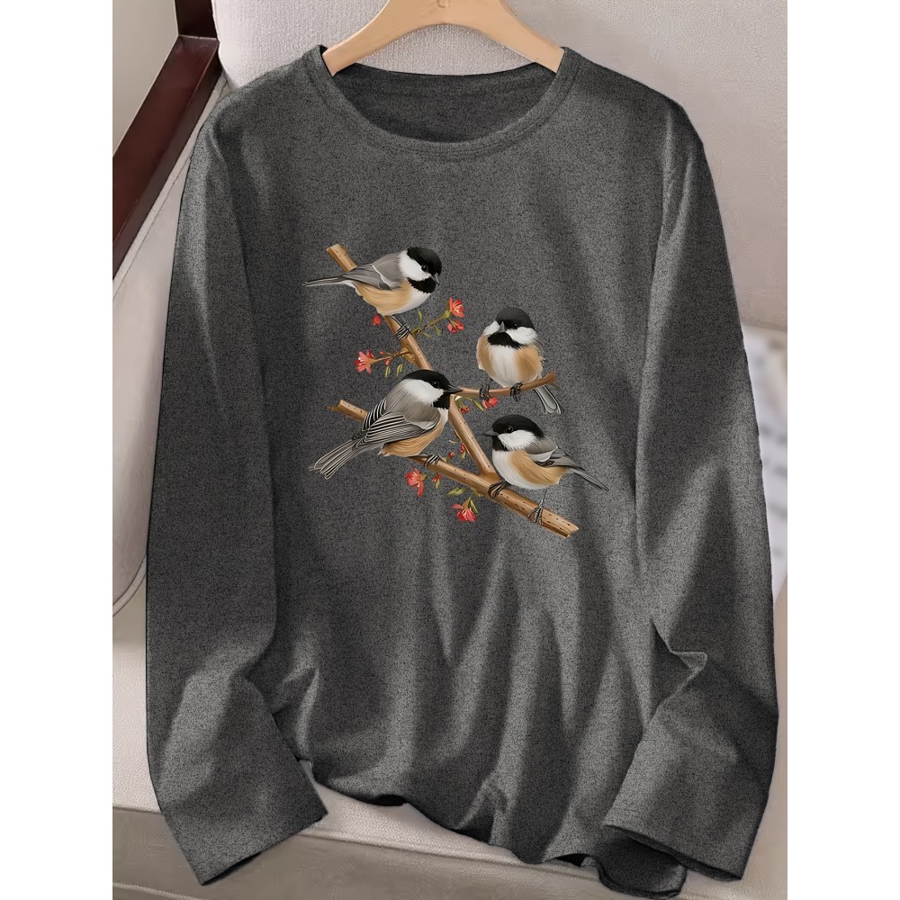 Women's Black Long Sleeve Crew Neck T-Shirt with White & Grey Titmouse Bird & Red Berry Graphic Print - Soft Casual Fall Winter Top, Machine Washable Everyday Comfortable Shirt for Nature-Inspired Outfits